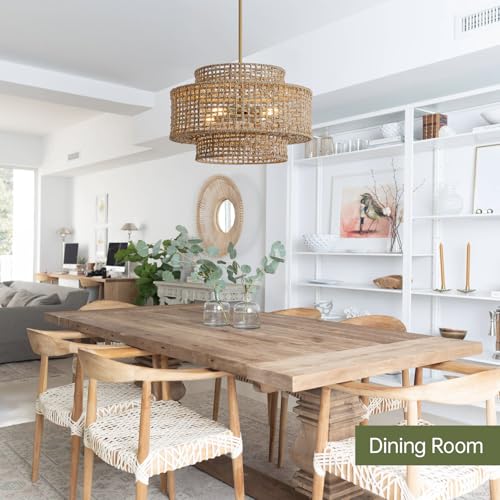 Image of 17.7 inch Boho Rattan Chandelier Light Fixture 4-Light Hand Woven Rustic Chandeliers with Wicker Shade, Farmhouse Chandelier Hanging Light for Dining Room Kitchen Island, Living Room, Foyer