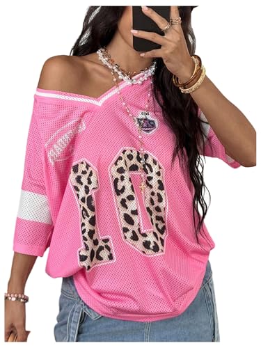 Women's Y2K Leopard Number Graphic Jersey Shirt Oversized V Neck Short Sleeve Baggy Tee Tops