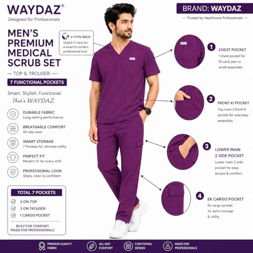 Image of Unisex Medical Scrub Suit Set, V-Neck Top with Pants, Short Sleeve, Polyester Cotton Blend, 7 Pockets, Regular Fit, Hospital Doctor Nurse Uniform