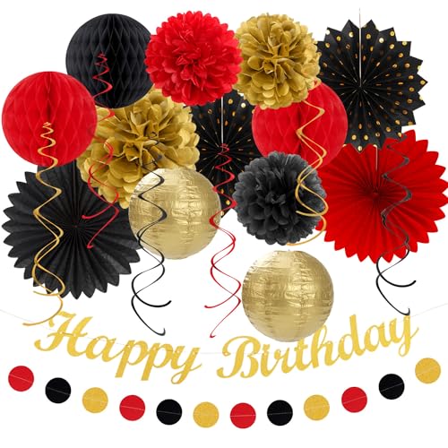 Image of Red-Black Gold Casino-Theme Birthday Party-Decorations - 21pcs Happy Banner,Game Night Paper Lanterns,Tissue Pom Poms Flower Fan,Honeycomb Ball,Swirl Streamers Garland Supplies Women Men Decor Huglony
