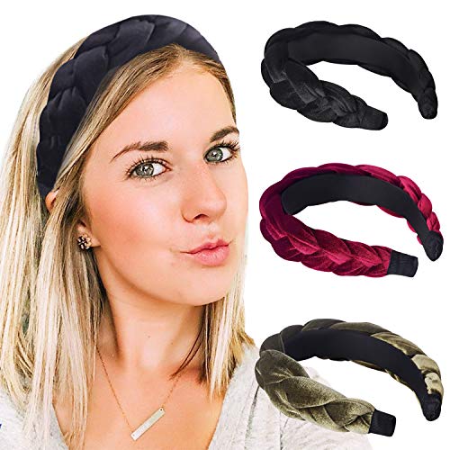 90s Vintage Velvet Thick Braids Headband For Women Girls Daily Party, Wide Padded Headbands By Hand Made, Hair Bands Twist Knotted Hairbands Hair Hoop For Wedding Cocktail
