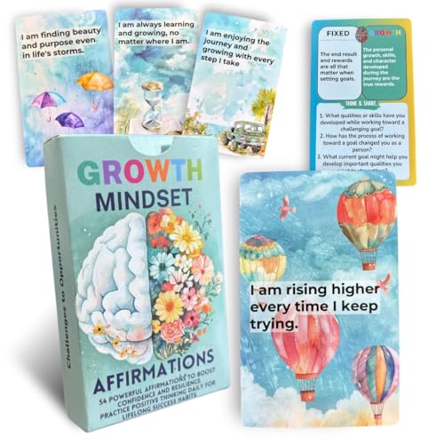 UHillMinerva Growth Mindset Affirmation Cards, 52 Watercolor Illustrated with Fixed