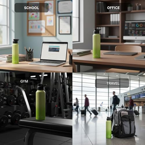 Image of Speedex Stainless Steel Water Bottle 1 Ltr, Leak Proof Sipper Cap, BIS Approved 1000 ml Metal Bottle For Daily, Office, School, Gym, Travel Use for Men, Women, Kids, Adults, Lime Green, Set of 4