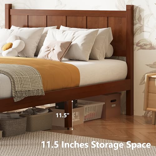 Image of Full Size Vintage Bed Frame with Headboard, Farmhouse Wooden Platform Bed with Under-Bed Storage, Minimalist Modern Wood Grain Finish Bedframe for Bedroom (Dark Walnut)