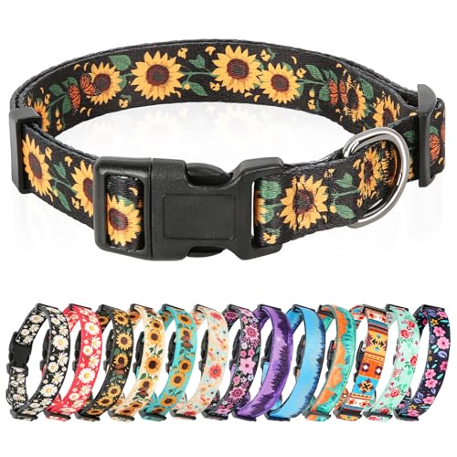 Image of HEELE Dog Collar, Adjustable Soft Dog Collar for Small Medium Large Dogs,Sunflower Floral Patterned Puppy Collars with Quick Release Buckle Sunflower Black S Length 9.84''-14.96'
