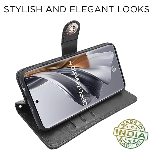 Image of Pikkme Oppo Reno 10 5G Flip Cover Leather Finish | Inside TPU with Card Pockets | Wallet Stand and Shock Proof | Complete Protection Button Flip Case (Black)