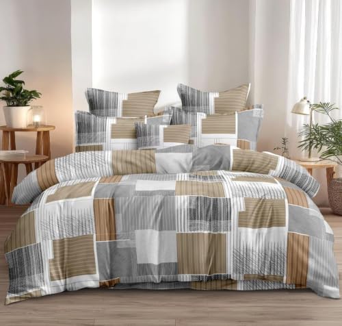 Image of DECOR2ADMIRE 300TC Glace Cotton Super King Bedsheet with 2 Pillow Covers (Brown Blocks)