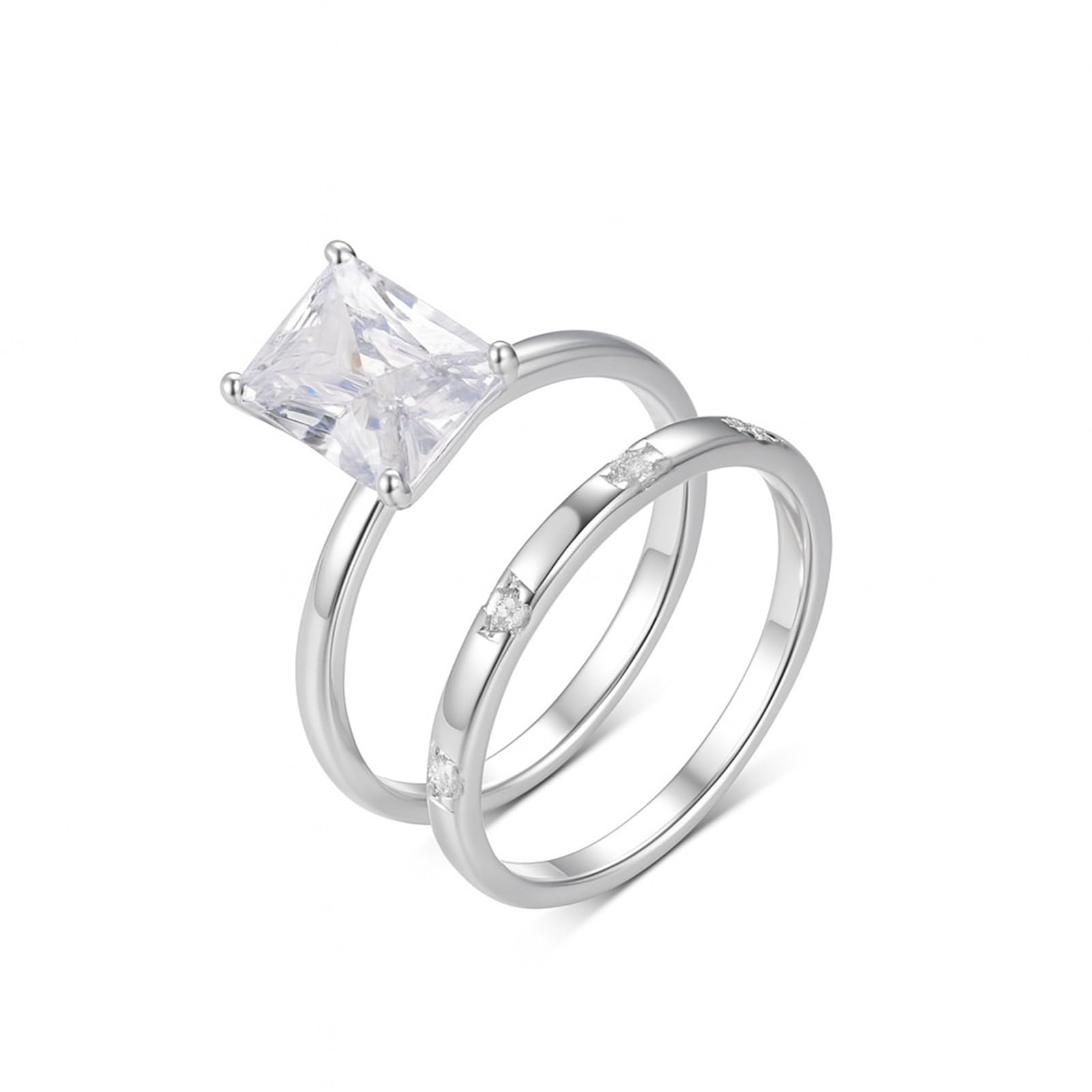Bague de Fiançailles Femme Or 9/14/18 carats, Lot de 2 Anneaux Incrusté de Moissanite Rectangulaire, Bague Empilable Or Blanc Personnalisée Taille 47