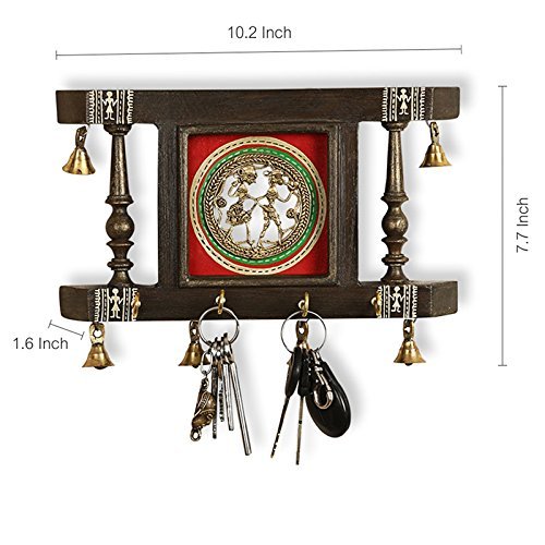 ExclusiveLane 'Brass People On Teak Wood' Warli Handpainted Wooden Key Holder for Home Décor Stylish (4 Hooks, Dhokra Art)| Key Hangers for Wall Key Holder Stand Key Stand for Wall Key Chain Holder 3