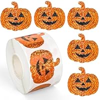500Pcs Halloween Pumpkin Stickers Roll 1.2in Laser Smiling Pumpkin Shape Waterproof Decals Orange Sparkly Self-Adhesive Stickers for Kids Halloween Party Envelope Scrapbook Decorations