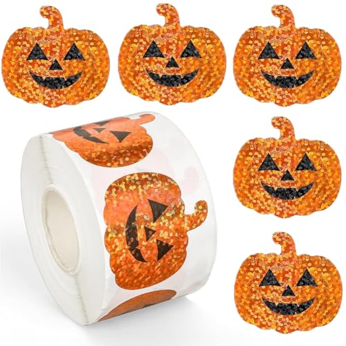 Image of 500Pcs Halloween Pumpkin Stickers Roll 1.2in Laser Smiling Pumpkin Shape Waterproof Decals Orange Sparkly Self-Adhesive Stickers Halloween Party Envelope Scrapbook Decorations