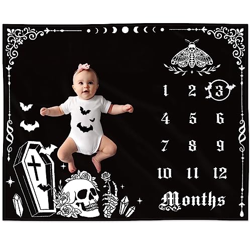 Image of Eunikroko Gothic Baby Monthly Milestone Blanket Halloween Goth Girl and Boy Stuff Photo Prop Spooky Skull Background Blanket for Newborn Mom Gifts Moth Nursery Gift Bat Decorations 40" X 50"