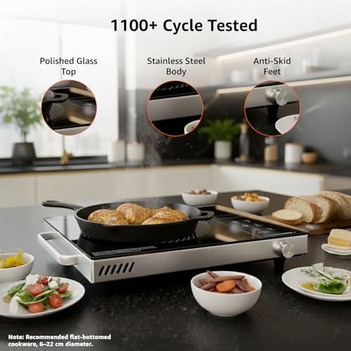 Image of Amazon Basics 2200W Infrared Cooktop | 4 Pre-Set Cooking Menus | LED Digital Display | Touch Panel I Energy Efficient, Auto Cut-off & 4KV Surge Protection I Smart Pan Sensor I Black