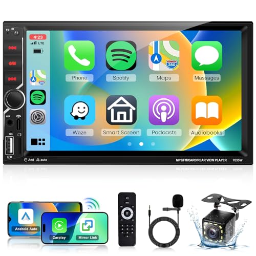 Double Din Car Stereo with Wireless Carplay Android Auto Podofo 7 inch HD IPS Touch Screen Bluetooth Radio Mirror Link FM EQ Audio SWC Backup Camera External Mic TF/Aux/USB+Type-C Ports