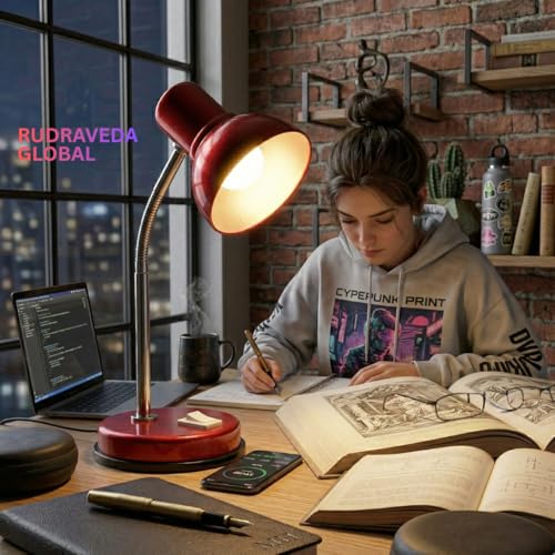 Image of Metal Desk Lamp with Bulb, Red Finish, Adjustable Gooseneck, 16 Inch Height, Strong Body Table Lamp (RED)