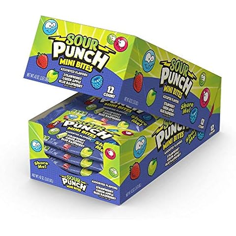 Sour Punch Mini Bites Strawberry Apple Blue Raspberry Flavored Sour Chewy Candy 3.5oz Bag (12 Count) Cover