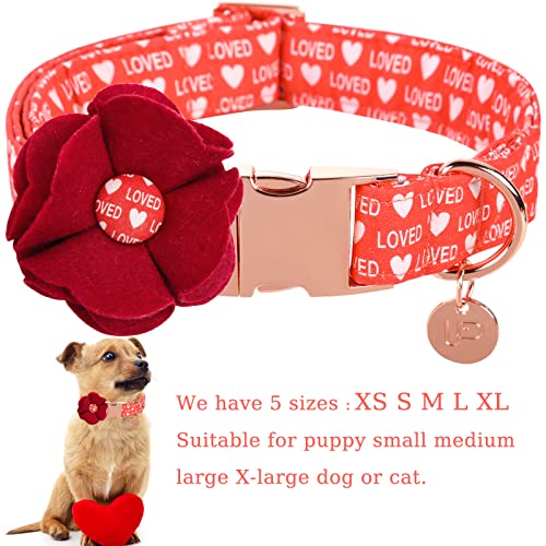 Up Urara Pup Valentine’s Day Dog Collar With Felt Flower, Valentine Flower Collar For Large Girl Dog, Valentine’s Day & Wedding Gift Pet Collar, Cotton Collar With Metal Buckle, L, Neck 16-24In #TOP1