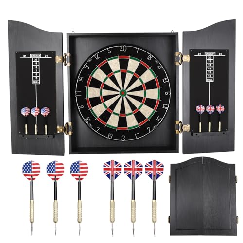 Durable Professional Dartboard Set - Black Wooden Dart Cabinet with Scoreboard, Portable Outdoor Sports Game for Adults, Dart Wall Protector with 6 Darts Suitable for Home, Bedroom, Bars and Clubs