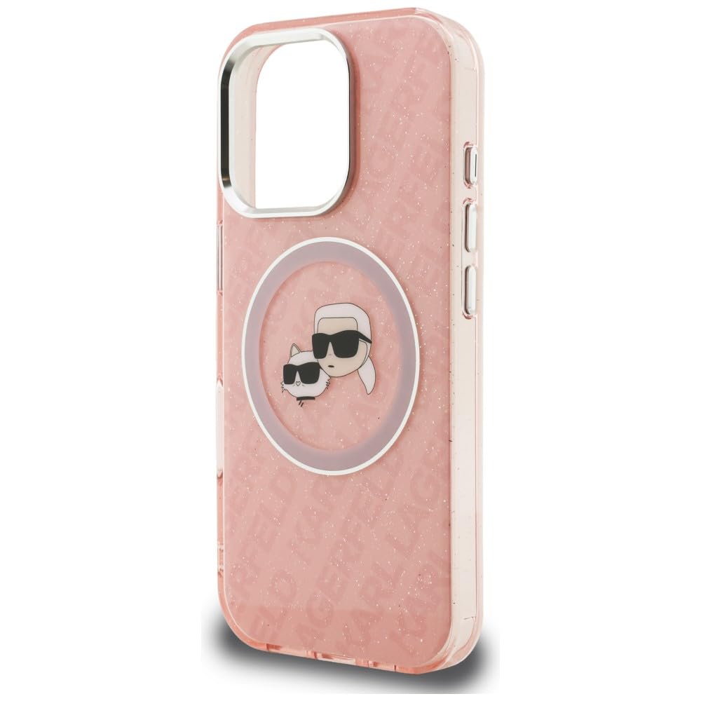 CG MOBILE Karl Lagerfeld IML Glitzer Karl & Choupette Köpfe Logo kompatibel mit MagSafe Hülle für iPhone 16 Pro Max (Rosa)