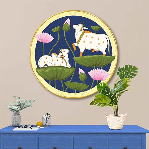 Image of SAF Round Kamdhenu Cow with Lotus Wall Painting - Golden Frame | Traditional Indian Art | Spiritual Wall Decor for Living Room Temple Pooja Room Office