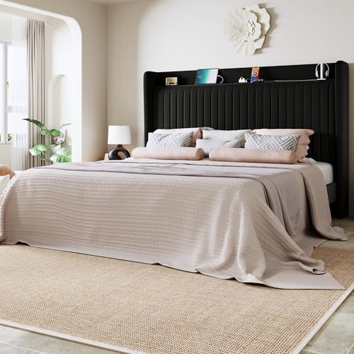 Image of Allewie Queen Size Platform Bed Frame with USB Charging Station and Storage Shelf /Upholstered Velvet Wingback Headboard /Wooden Slats Support /No Box Spring Needed /Easy Assembly, Black