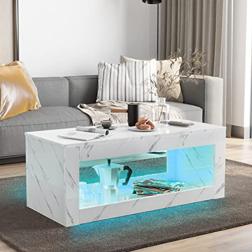 HOMFAMILIA LED Coffee Table with Marbling Print, Modern White High Gloss Coffee Table with Large Open Storage, Living Room Rectangle Center End Table, with Remote, 16 Colors LED Lights HOMFAMILIA LED Coffee Table with Marbling Print, Modern White High Gloss Coffee Table with Large Open Storage, Living Room Rectangle Center End Table, with Remote, 16 Colors LED Lights