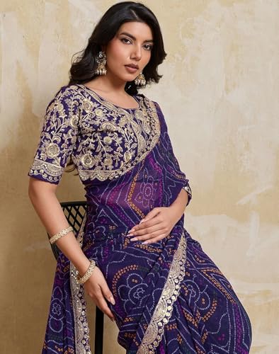 Image of SIRIL Women's Georgette Sequins Embroidery Printed Bandhani Saree with Unstitched Blouse Piece