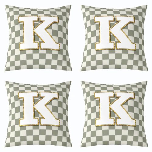 Image of Erosebridal Sage Green Checkered Throw Pillow Covers 22x22 Set of 2 Plaid Initial K Cushion Cover Personalized Monogram Throw Pillow Case for Bed Couch Sofa Fashion Grids Gingham Home Decor