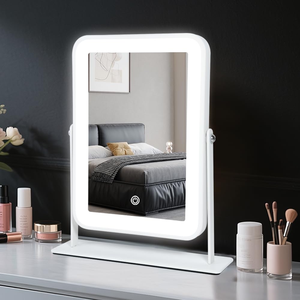 YEKKOPT Rechargeable Small Vanity Mirror with Lights,9"x11"Portable LED Desk Mirror, Make up Mirror with Lighting,Touch Screen with 3-Color Lighting, Dimmable, for Shaving, Tabletop, Bedroom-image-16