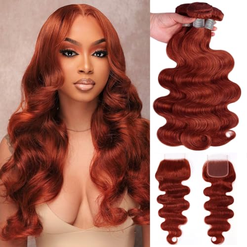 Realloves Reddish Brown Body Wave Human Hair Bundles with 4x4 HD Lace Closure Free Part Color 33 Brazilian Remy Hair Copper Red Wavy Colored Bundles and Closure 20 22 24+20 Inch for Women