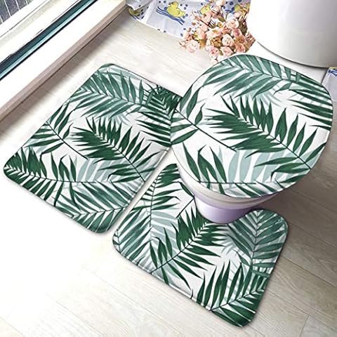 Meiya-Design Tropical Jungle Seamless Pattern With Palm Leaves Bathroom Rug Mats Set 3 Piece - Soft Shower Bath Rugs - Contour Mat and Toilet Lid Cover - Perfect Combination of Luxury and Comfort Cover