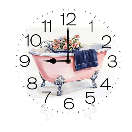 Geroclonup Wall Clock Rustic Bathtub Flower Silent Non Ticking Wall Clocks Wood Battery Operated Decorative for Bathroom Kitchen Living Room Vintage Round 25cm