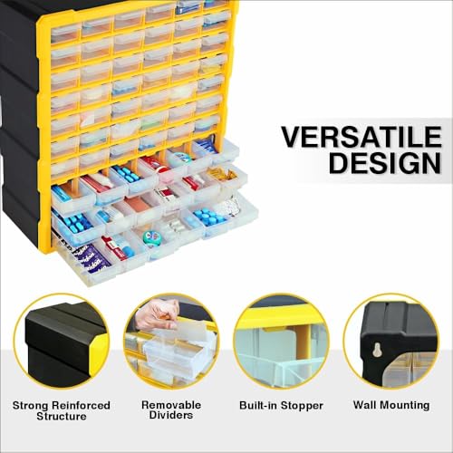 Image of Alkon ACO60 60-Drawer Plastic Component Organiser | Multipurpose Small Parts Storage Box for Jewellery, Electronics, Hardware, Pharmacy & DIY | Wall Mountable & Removable Dividers (Black & Yellow)