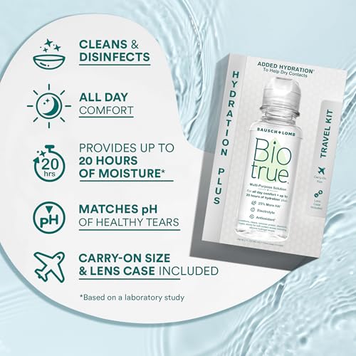 Image of Biotrue Hydration Plus Contact Lens Solution, Multi-Purpose Solution for Soft Contact Lenses, Lens Case Included, 2 FL OZ Travel Size