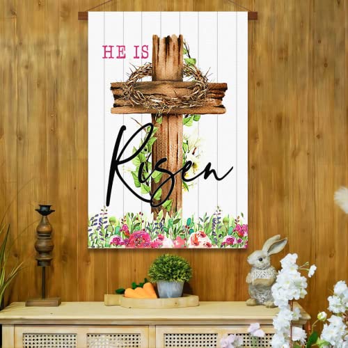 Surfapans He Is Risen Easter House Flag 28X40 Inch Double Sided Outside Burlap Large Easter Cross Spring Floral Outdoor Yard Flags Porch Home Holiday Decoration #TOP3
