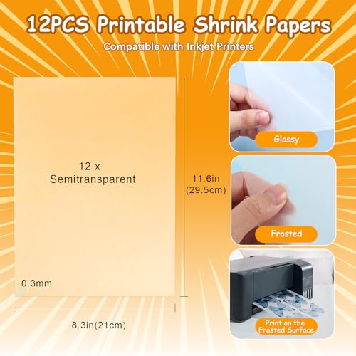 Image of Auihiay Printable Shrink Sheets Dink Kit, 12PCS Semitransparent Shrink Papers with Key Rings, Earring, Lanyards, Hole Punch Accessories for Fathers Day, DIY Keychain Making Crafts (8.5 x 11 inch)