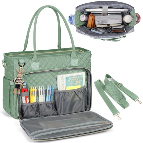 RAINSMORE Teacher Tote Bag 15.6 inch Laptop Bag for Women Work Bags Laptop Tote Nurse Bag Professional Computer Messenger with Insulated Pocket, Laptop Briefcase for Office, College, Mint Green