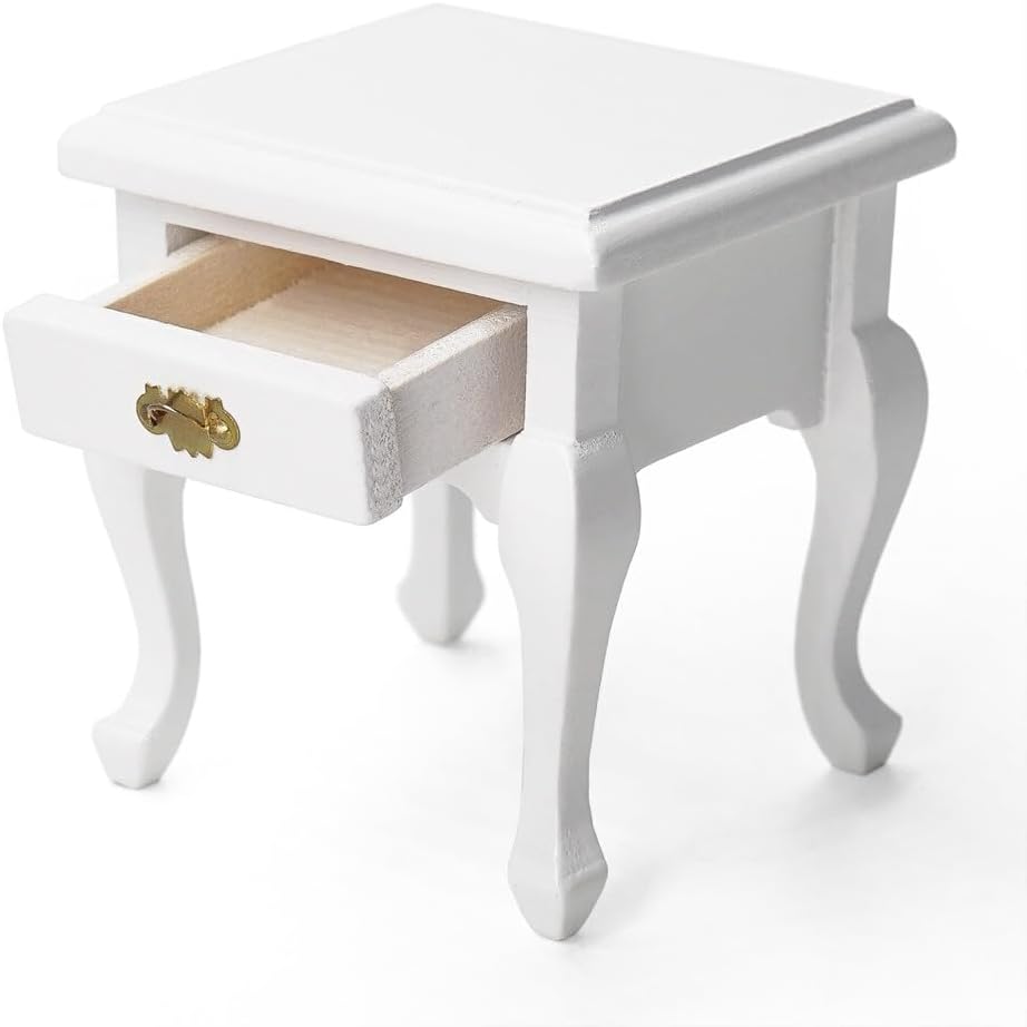 Odoria Dollhouse Side Table Night Table Miniature:1/12 Scale Table Living Room Bedroom French Country - Mini Tiny Furniture Wooden with Drawers White