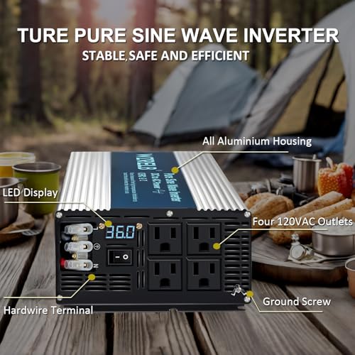 Image of WZRELB 5000W Pure Sine Wave Inverter 36V DC to 110V 120V AC Power Converter with LED Display, Hardwire Terminal,Off-Grid Portable Power Inverter with 4 AC Outlets for Home, RV, Truck, Camping