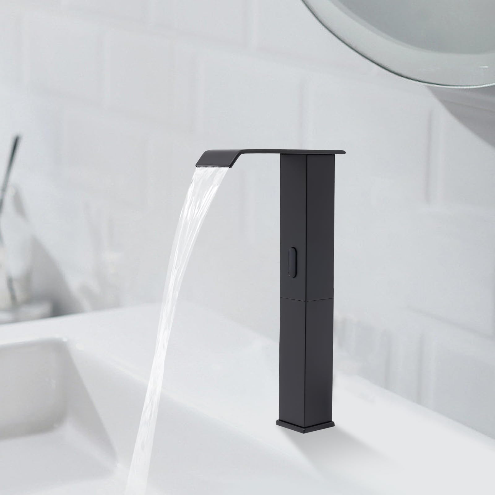Grifo de latón con sensor infrarrojo alto, grifo de lavabo automático con válvula de temperatura ajustable, grifo mezclador sin contacto (negro)