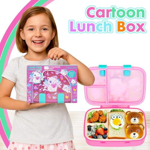 Image of Cute Cartoon Bento Lunch Box for Kids, 800ml /27oz BPA-Free Leak-Proof Food Containers with 3 Compartments, Dishwasher Safe, Back to School Students Lunches Size for Ages 3-7