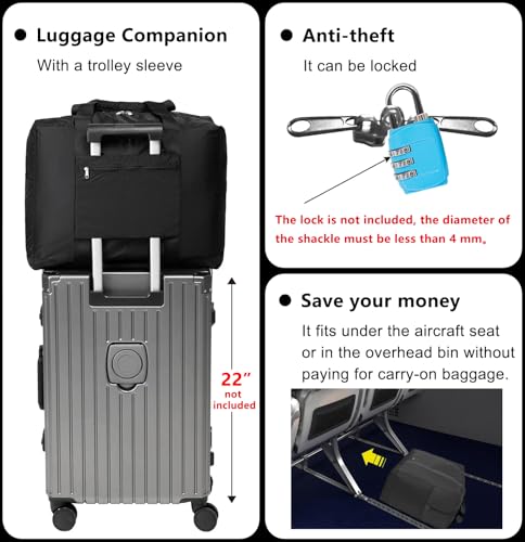 Foldable Travel Duffle Bag with Trolley Sleeve 40L - 18x14x8 inches Airline Underseat Lightweight Travel Bag - Packable Ripstop Nylon Carry on Bag (Black)3