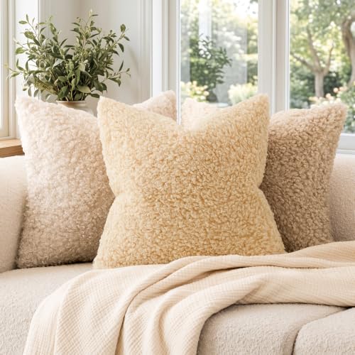 Image of Foindtower Set of 2 18x18 Inch Light Yellow,Faux Fur Throw Pillow Cover Accent Sherpa Furry Pillow Covers Fuzzy Soft Pillowcases Cozy Sheepskin Decorative Fleece Cushion Case for Bed Couch Living Room