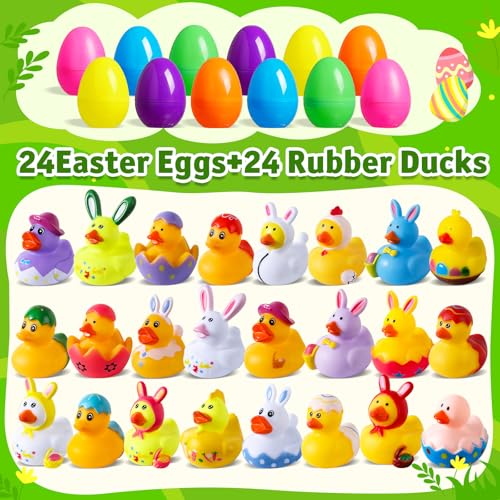 24 Pcs Prefilled Easter Eggs with Rubber Ducks, Easter Basket Stuffer for Teens, Easter Ducks for Jeeps, Fun Baby Bath Toys for Kids, Easter Party Favors, Toddler and Baby Gifts