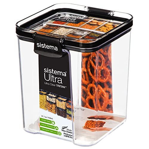 Sistema Ultra Airtight Pantry Storage Container | 920 ml Square Food Storage Container | Stackable | with Locking Clips | BPA-Free | Clear with Black Accents - Image 3