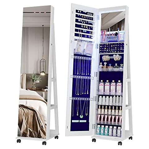 OUTDOOR DOIT Jewelry Organizer Jewelry Cabinet Jewelry armoire Standing Jewelry Box with Full Body Mirror and Large Storage Lockable Wooden Cabinet (White 6 LEDS) Cover
