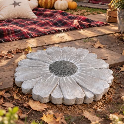 Landoraloria Heavy Duty Concrete Stepping Stone 10 Inch Daisy Design, Non Slip Garden Pathway Stone for Outdoor Walkway Yard Patio Lawn Fall Gadren(Gray)
