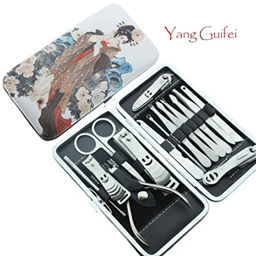 OJIA 15pcs Beauty Series Stainless Steel Manicure Pedicure Set,Travel & Grooming Set, Personal Care Tools,?Nail Scissors Nail Clippers Kit with Leather CaseNew Arrival