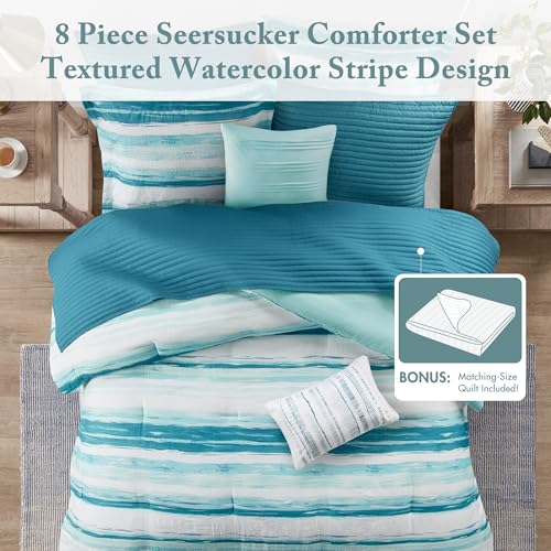 Image of Madison Park Marina Comforter Quilt Combo Set - Modern Luxury Design, All Season Down Alternative Bedding, Matching Shams, Decorative Pillows, King /Cal King(104 inchx92 inch), Aqua 8 Piece