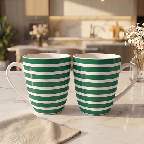 Image of UPC Milk Mug Set of 2 | Classic Emerald Green & White Bold Horizontal Stripe | Coffee Tea Ceramic Mug for Home Office & Gifting